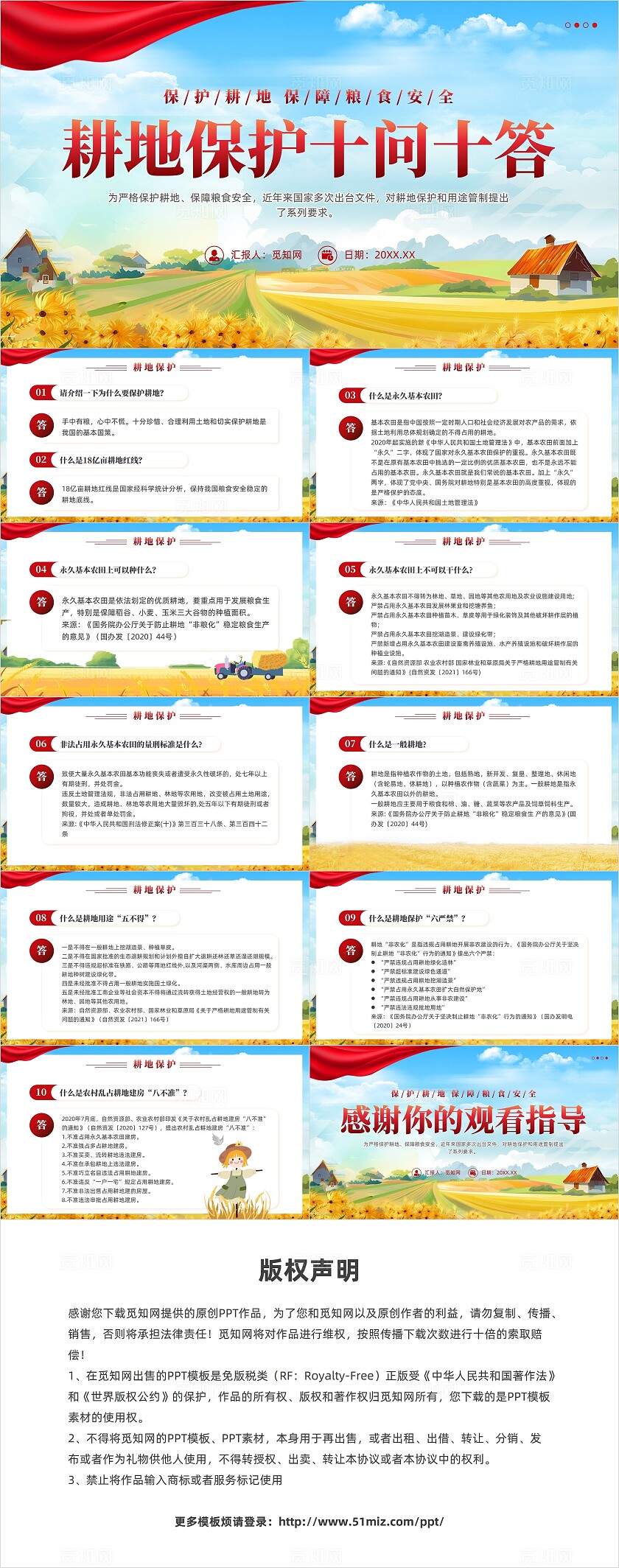手绘插画风耕地保护十问十答保障粮食安全主题课件PPT党建党课党政