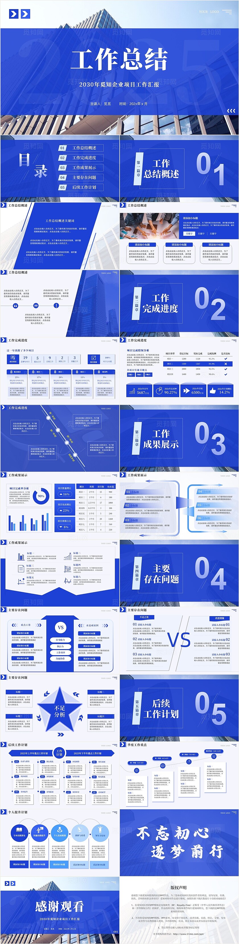 蓝色简约商务工作总结述职报告PPT模板