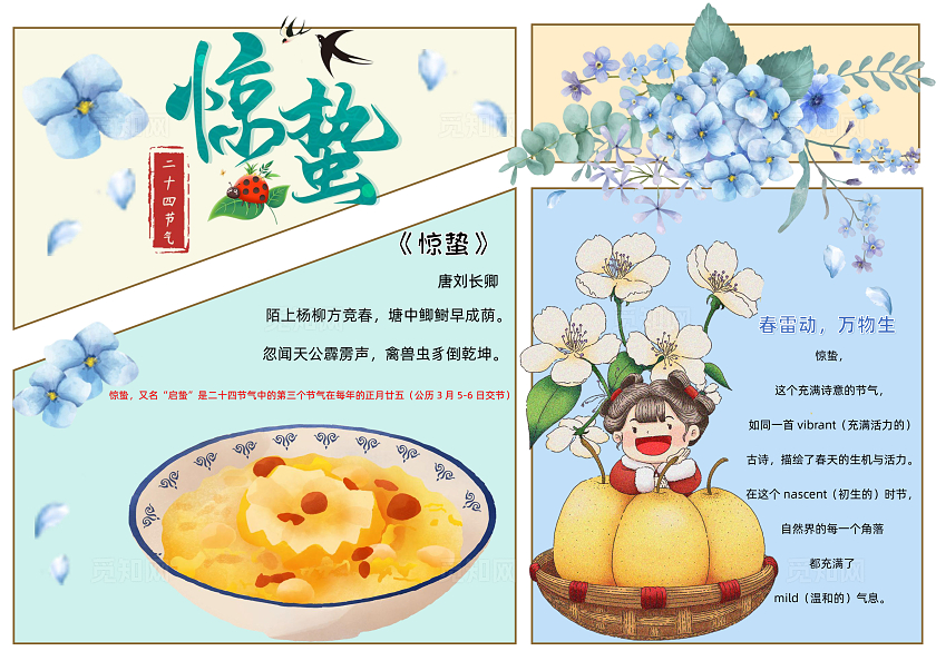 卡通手绘浅色系清新惊蛰24节气小报手抄报