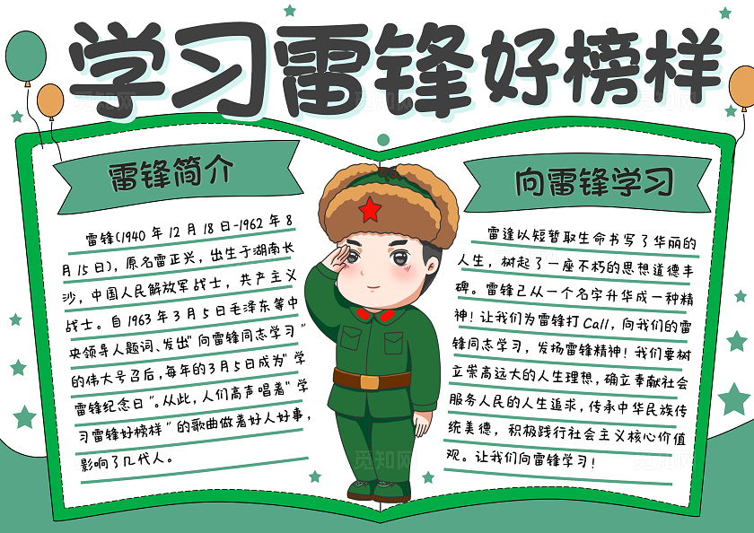 绿色简约卡通手绘学习雷锋好榜样小报手抄报