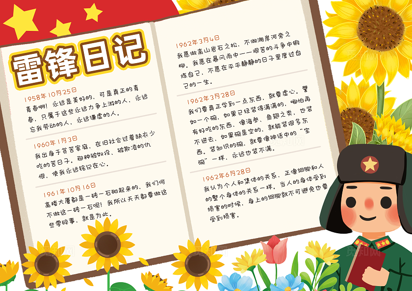 雷锋日记手抄报手绘认识雷锋小报卡通小报