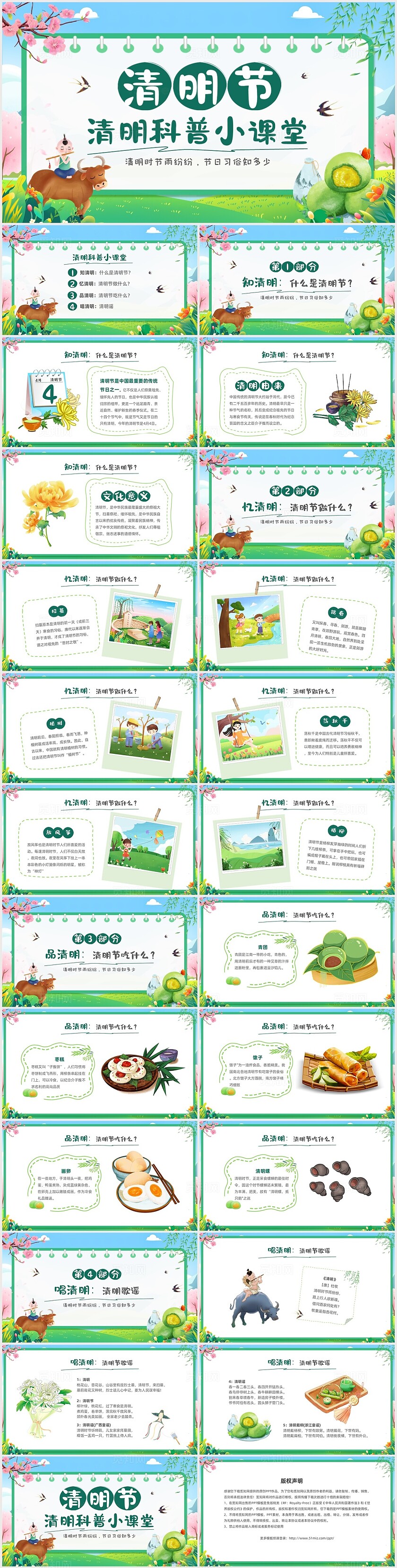 绿色卡通儿童中国传统节日清明节介绍主题班会PPT