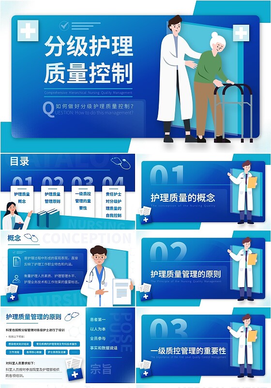 蓝白扁平商务风翻页式分级护理质量控制报告PPT医疗护理