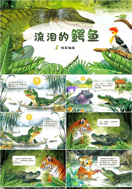 绿色卡通动画鳄鱼的眼泪绘本PPT模版儿童故事绘本