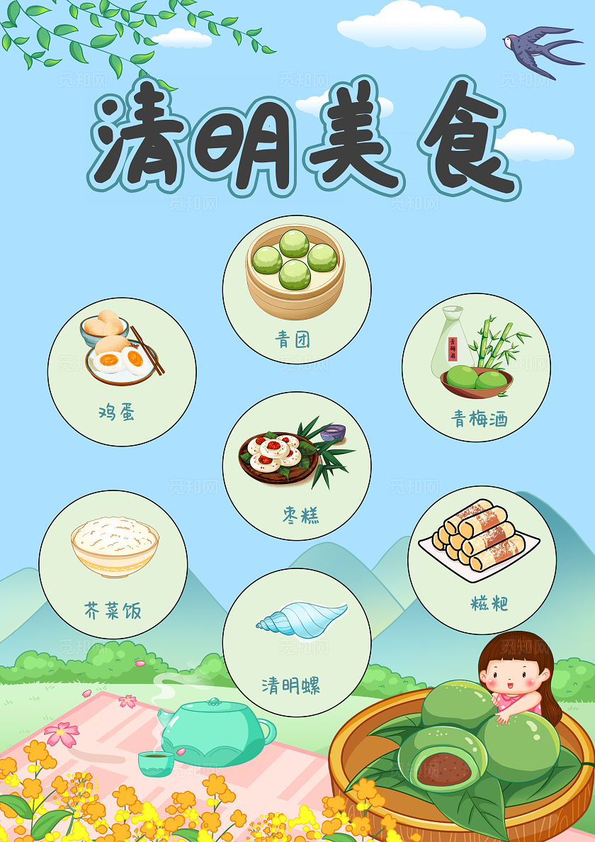 蓝绿色卡通手绘小清新清明美食小报手抄报