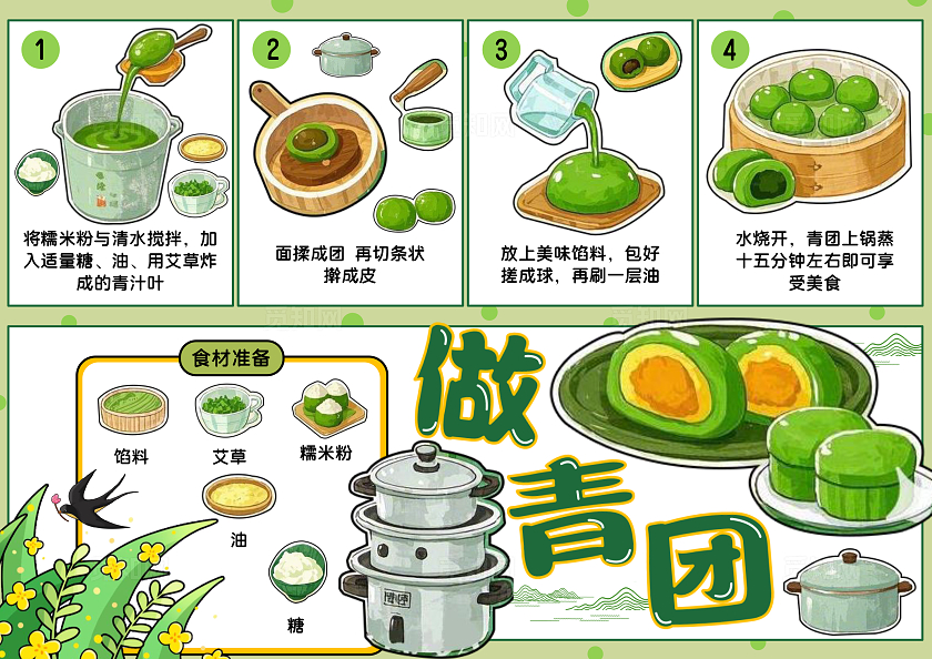 绿色手绘做青团手绘小报手抄报小学生手抄报清明