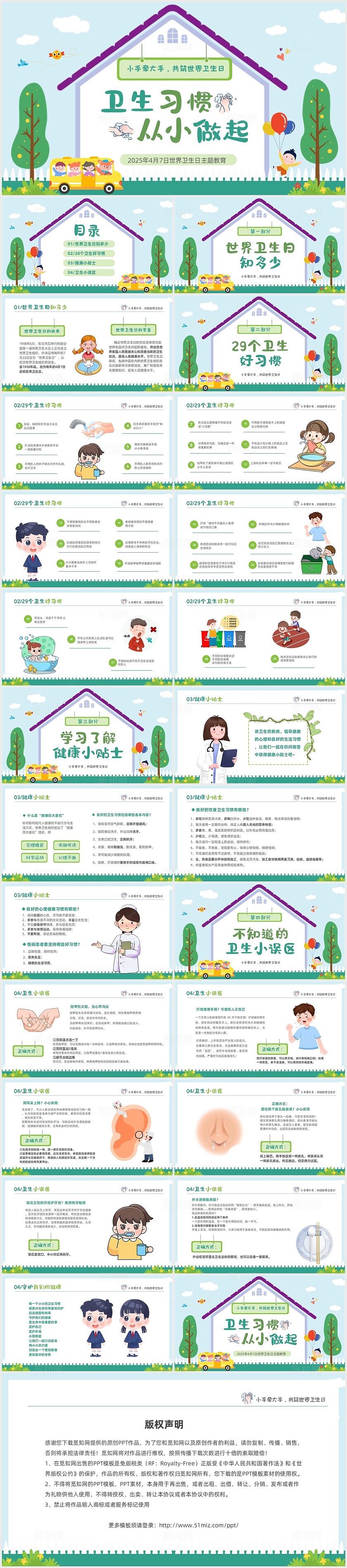 绿色卡通儿童世界卫生日卫生习惯养成主题班会PPT