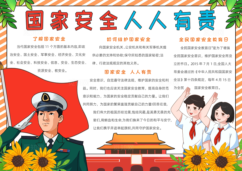 红色卡通国家安全人人有责小报手抄报小学生手抄报全民国家安全教育日