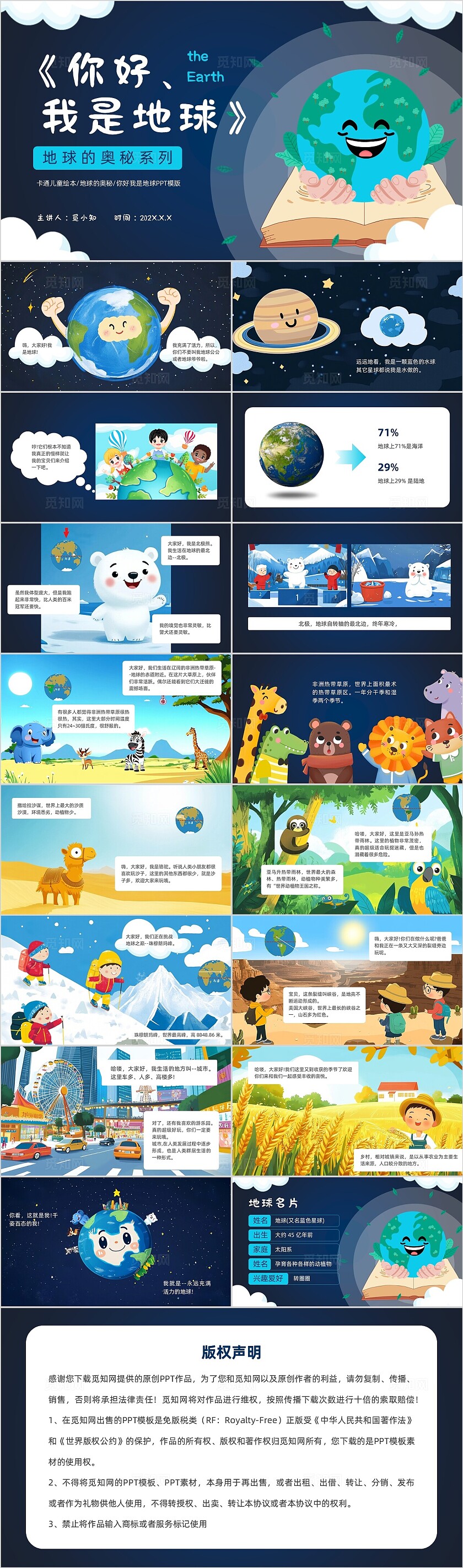 儿童故事绘本卡通蓝色手绘幼儿园你好我是地球知识绘本PPT模版世界地球日