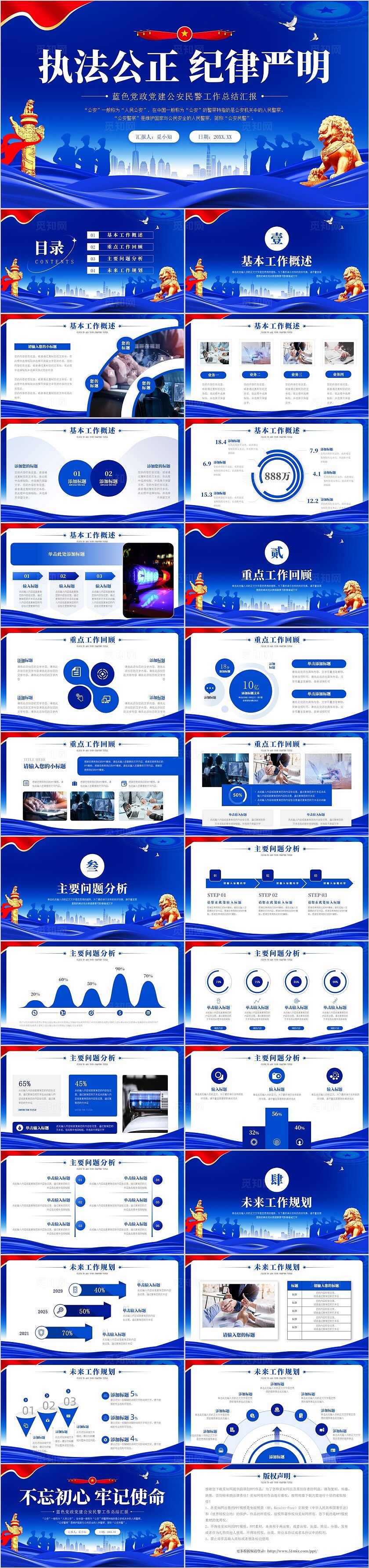 蓝色党政党建公安民警工作总结汇报通用PPT模板