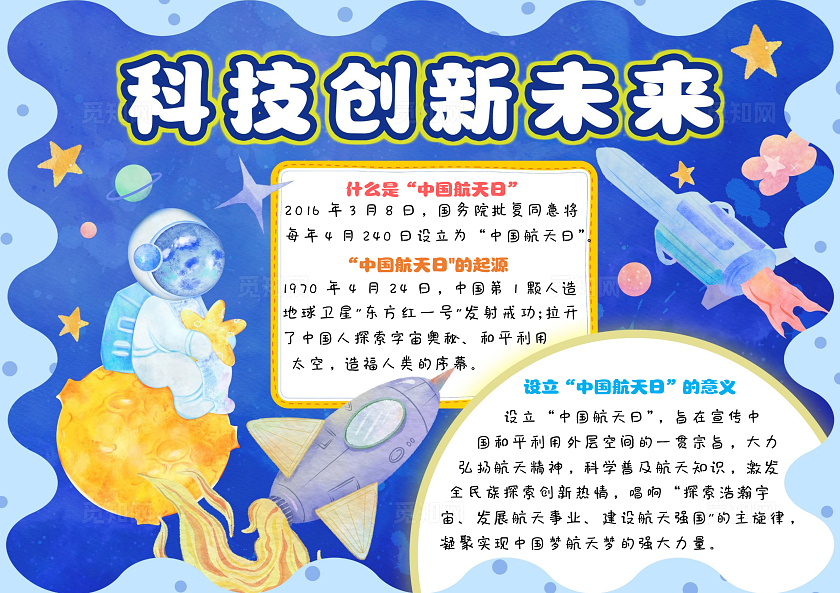 蓝色手绘水彩科技创新未来中国航天日小报手抄报