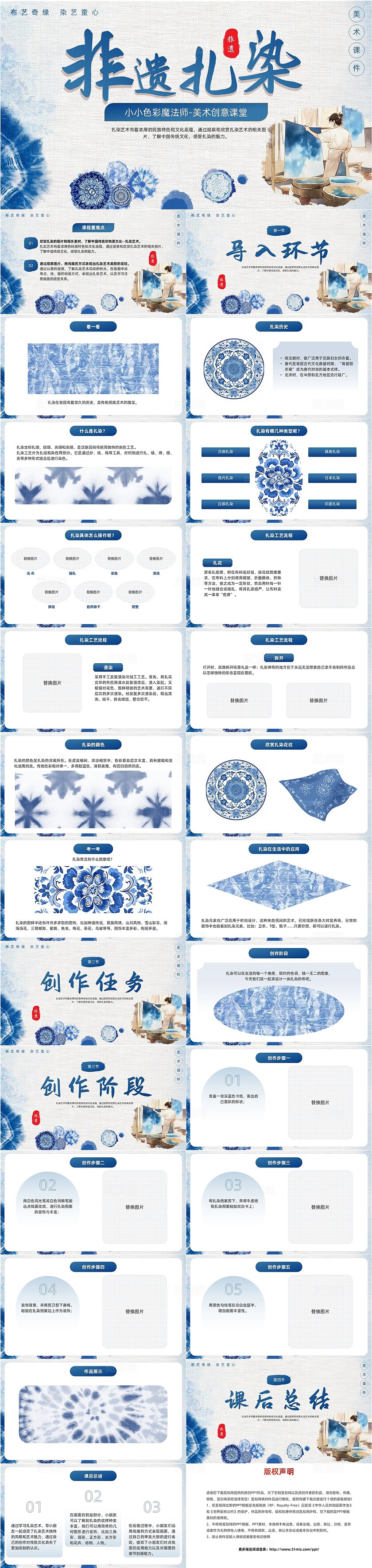 蓝色简约水彩非遗扎染绘画教学非遗扎染创意美术PPT