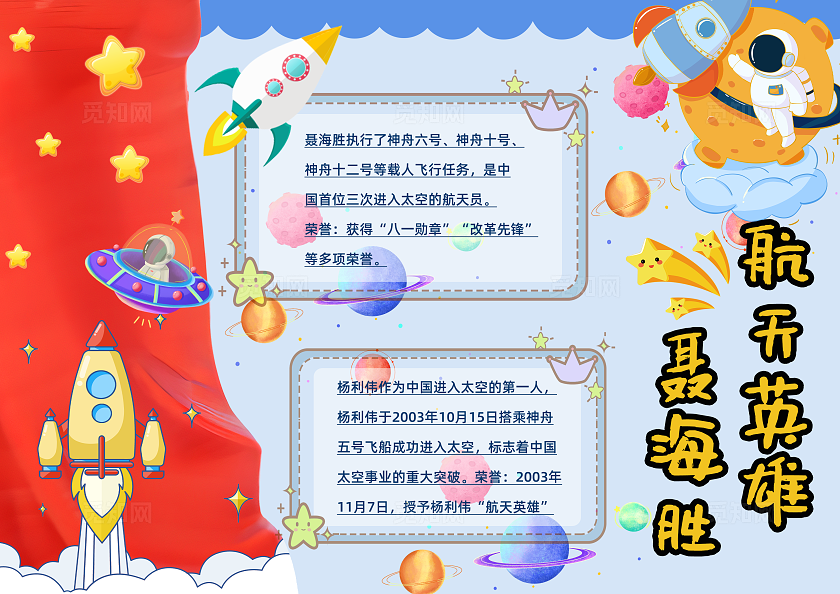 科技蓝色卡通简约航天航空航天员航天英雄介绍手抄报小学生小报电子报中国航天日