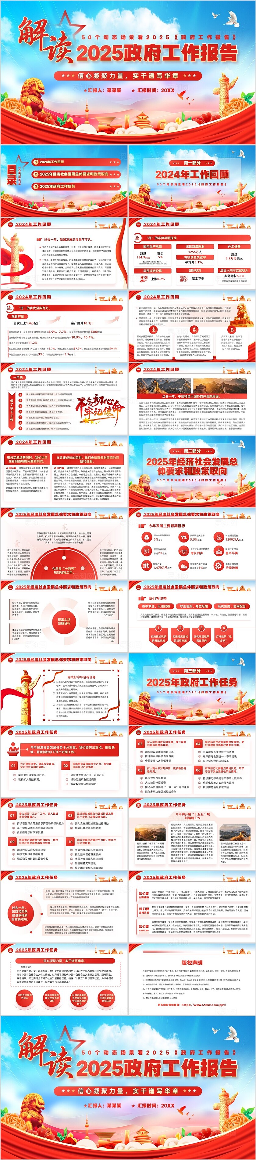 红色蓝色党建风2025年全国两会党课党政工作报告全文PPT模板