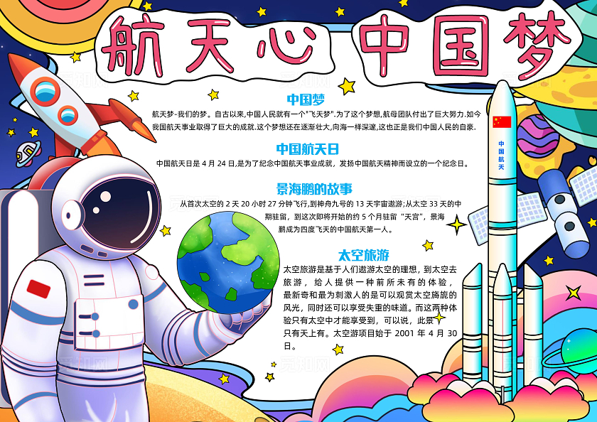 科技彩色手绘航天心中国梦航天梦手绘小报手抄波小学生手抄报中国航天日
