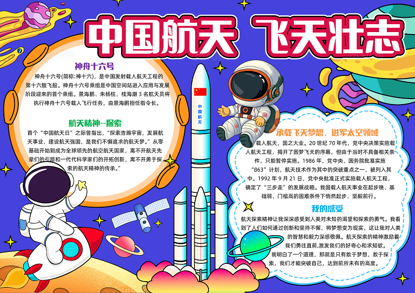科技蓝色手绘中国航天飞天壮志航天精神手绘小报手抄报小学生手抄报中国航天日