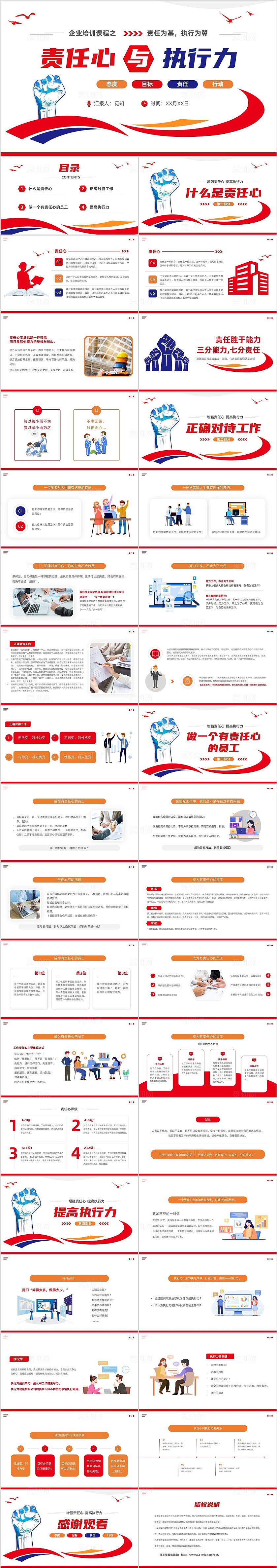 红色蓝色商务简约励志大气企业员工培训责任与执行力新员工培训课件PPT