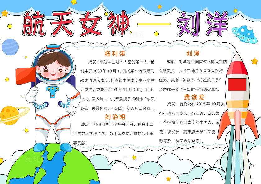 科技蓝色卡通航天女神刘洋小知识 航天员航天英雄介绍小报手抄报小学生手抄报中国航天日