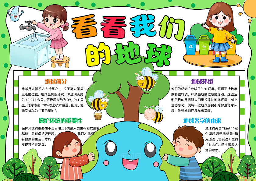 绿色手绘看看我们的地球手绘小报手抄报小学生手抄报世界地球日