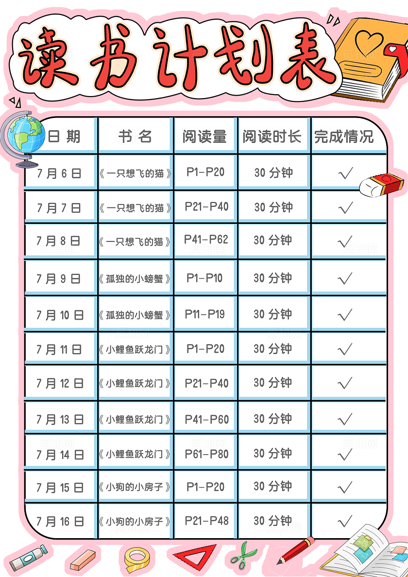 阅读粉红手绘读书计划表手绘小报手抄报小学生手抄报世界读书日