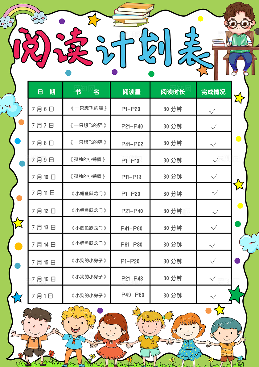 绿色手绘阅读计划表手绘小报手抄报小学生手抄报世界读书日学习计划表