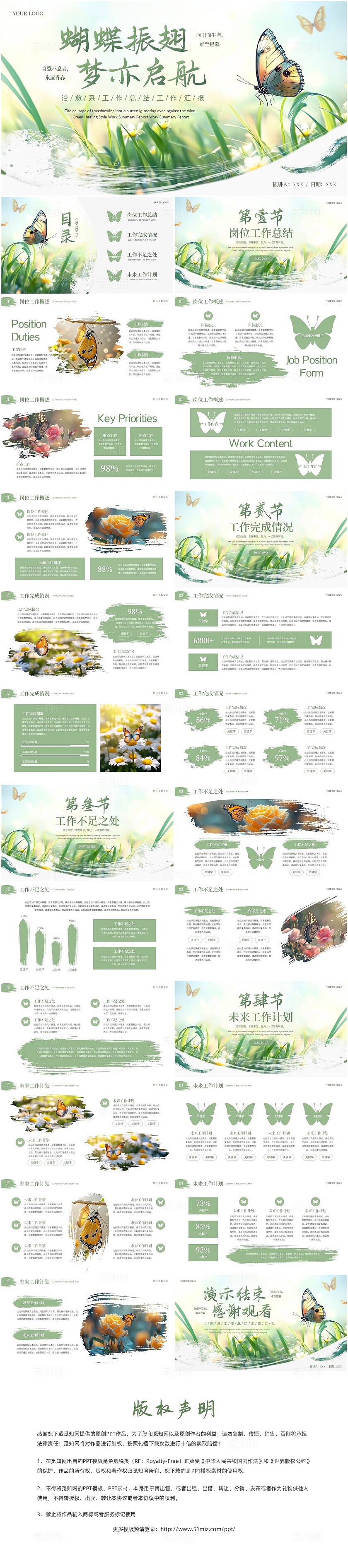 绿色实拍笔刷蝴蝶治愈工作总结工作汇报PPT模板