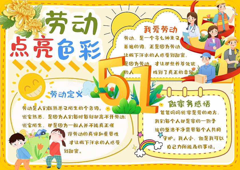 五一黄色橙色卡通劳动节我爱劳动电子手抄报小报