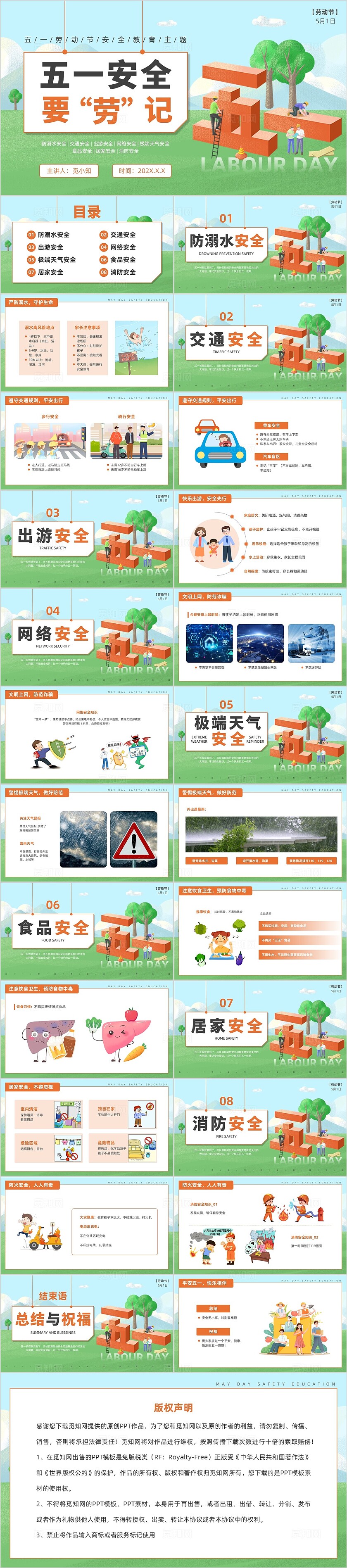 绿色清新插画五一劳动节安全教育宣传主题班会PPT模版