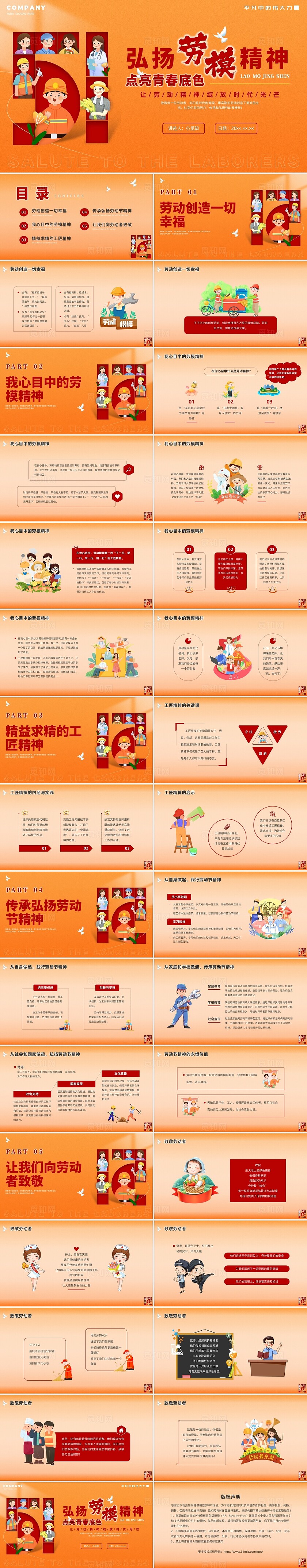 橙色创意劳模精神致敬劳动者PPT课件劳动节