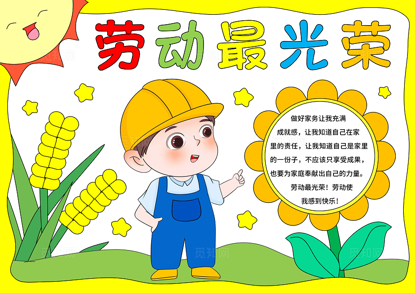 黄绿色卡通手绘小清新五一劳动最光荣小报手抄报劳动节