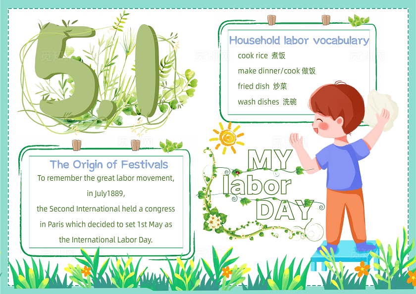 家务劳动五一淡绿色清新卡通劳动节英语小报手抄报劳动手抄报