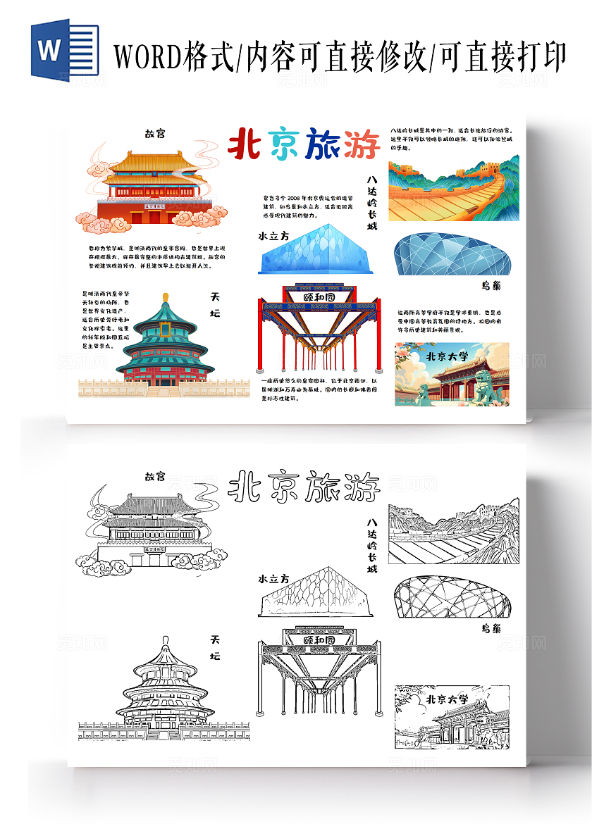 卡通多彩手绘北京旅游景点介绍旅行小报手抄报中国旅游日