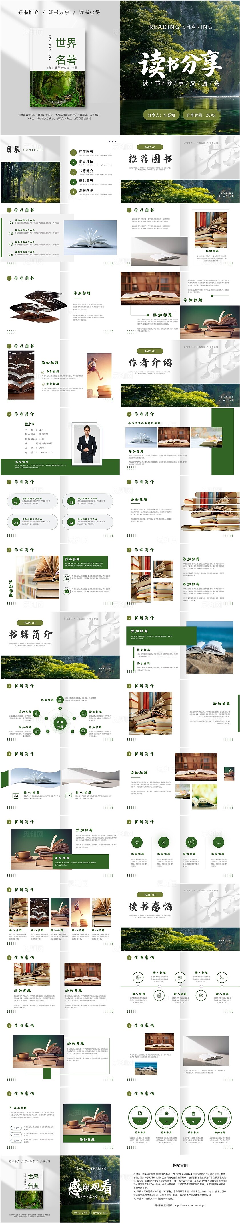绿色翻书实拍风读书分享PPT模板