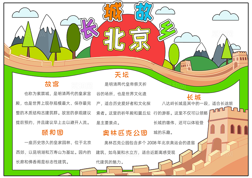旅行五一绿色卡通长城故乡北京小报手抄报读书手抄报中国旅游日