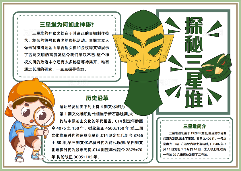 传统文化绿色卡通手绘探秘三星堆三星堆文化小报手抄报非遗