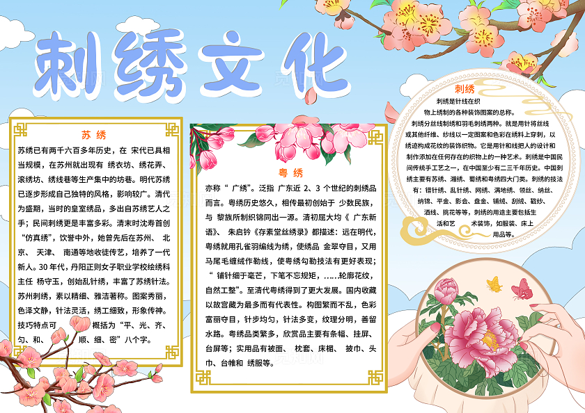 非物质文化遗产传统文化蓝色古风刺绣文化刺绣-古风1小报手抄报小学生手抄报非遗