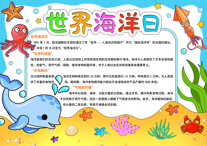 蓝绿色卡通手绘世界海洋日小报手抄报小学生手抄报