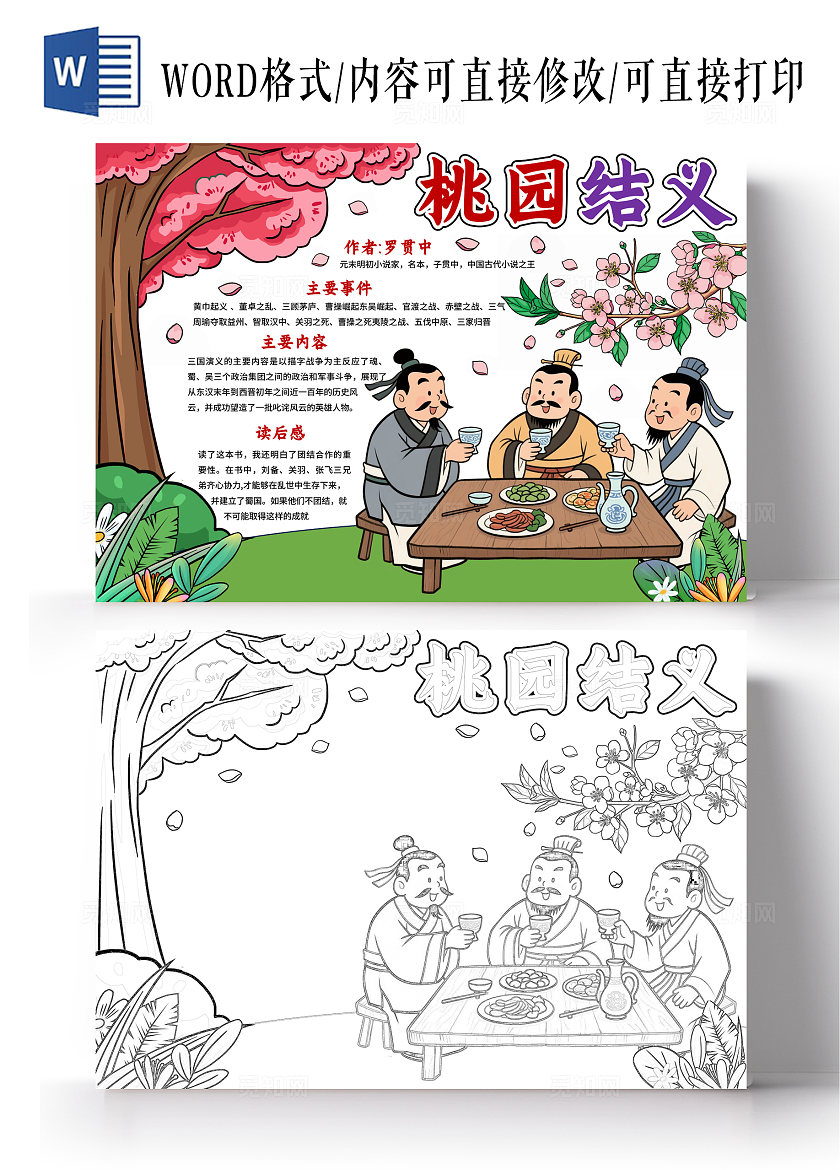 阅读读书读书卡片阅读卡通风格桃园结义小报手抄报三国演义小报手抄报读书分享