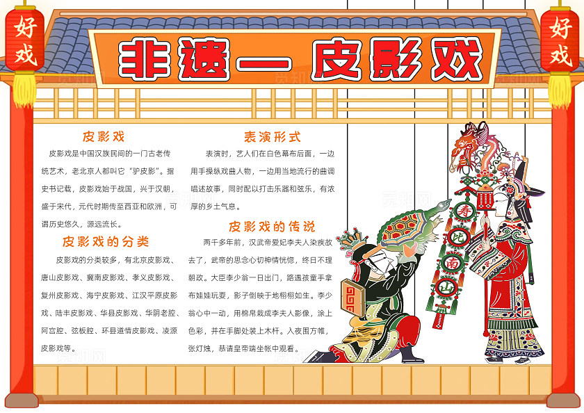 非物质文化遗产传统文化橘色卡通非遗皮影戏小报卡通小报手抄报