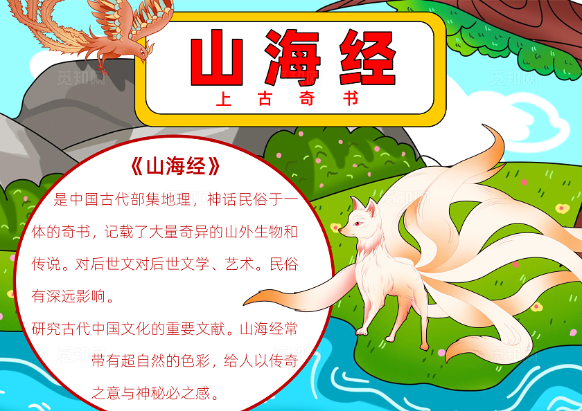 阅读读书读书卡片阅读蓝绿色卡通手绘上古神话山海经好书推荐读书小报手抄报读书分享