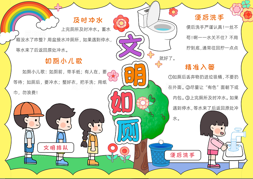 黄色卡通文明如厕小报手抄报小学生手抄报节能宣传周