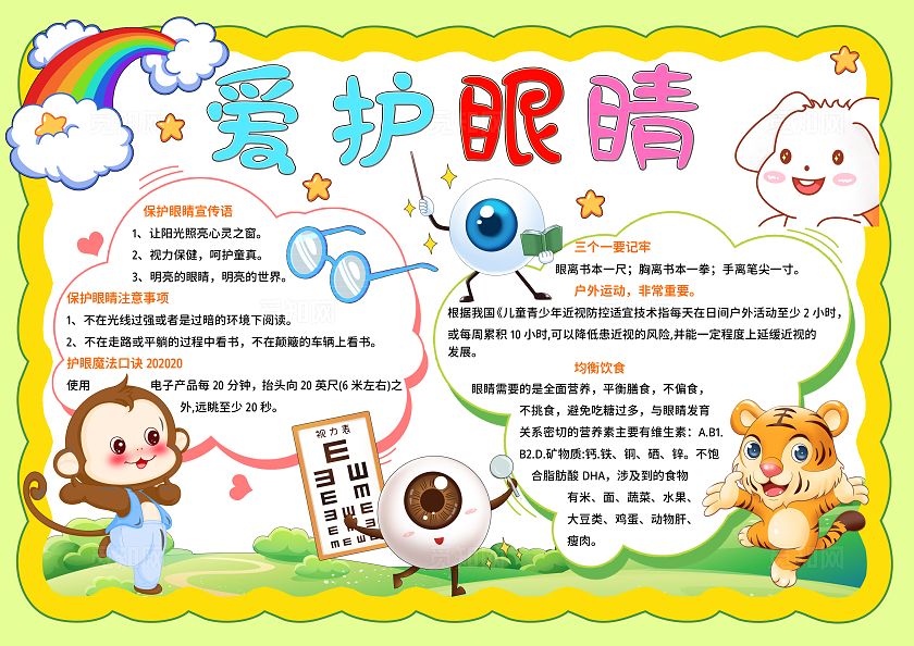 绿色卡通手绘爱护眼睛保护眼睛小报手抄报小学生手抄报全国爱眼日