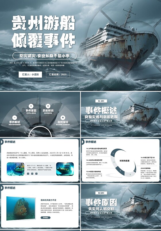 深色简约实拍贵州游船倾覆PPT模板宣传PPT动态PPT防灾减灾安全教育时事热点