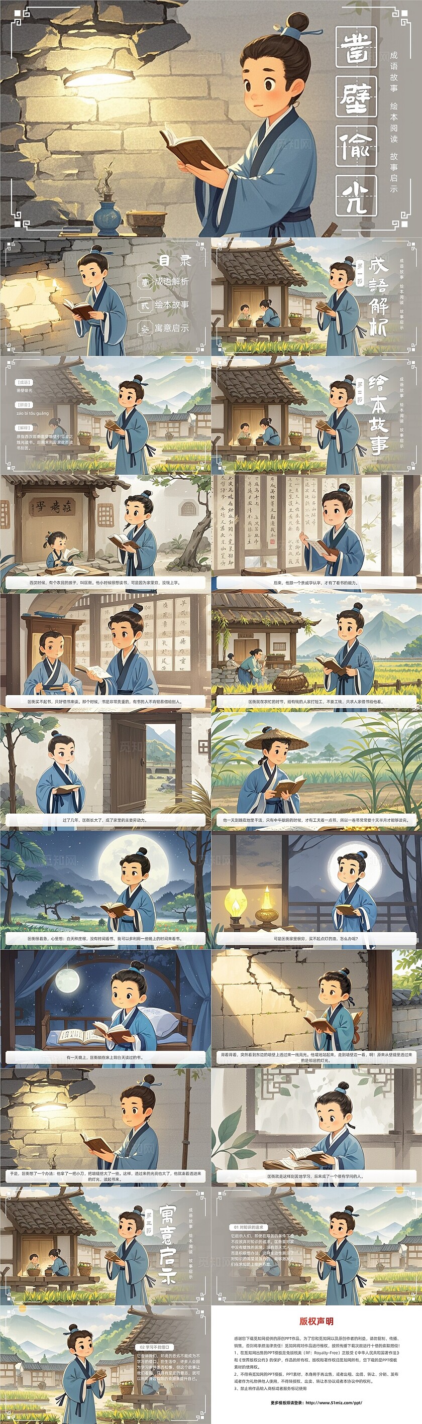 棕色古风凿壁偷光儿童绘本故事PPT寓言故事成语故事