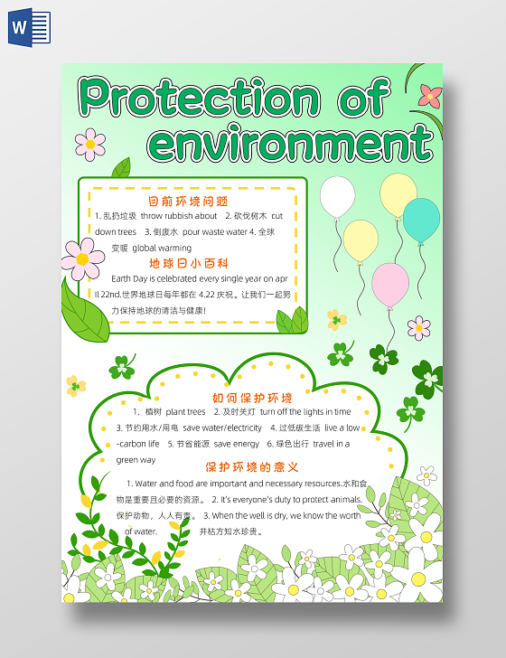 绿色卡通环保英语小报手抄报卡通小报手抄报