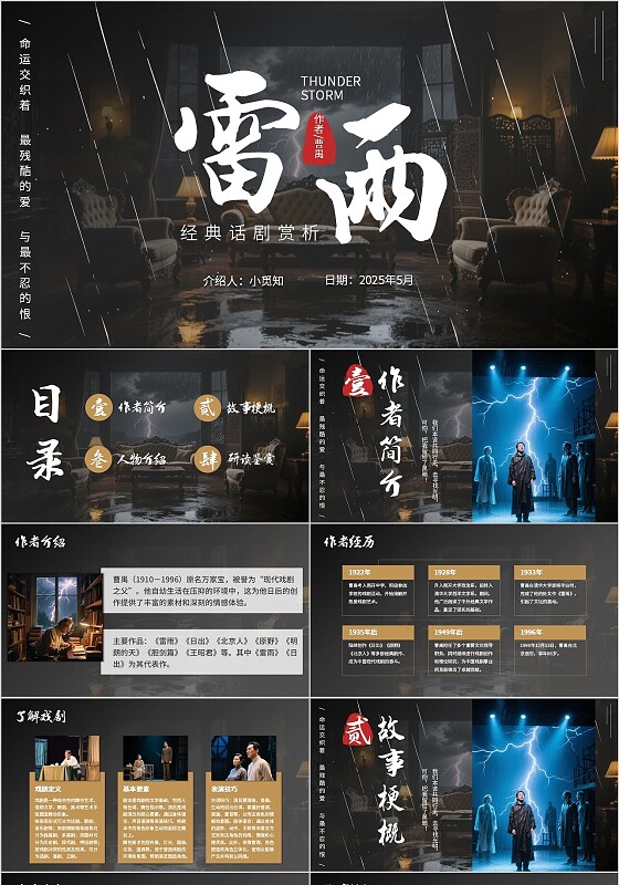 金色实拍风话剧雷雨宣传介绍教育课件PPT模板话剧课件