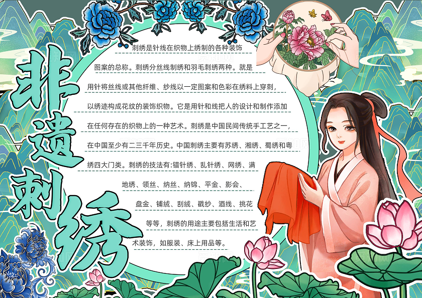 非物质文化遗产传统文化绿色卡通手绘国风非遗刺绣知识分享手抄报