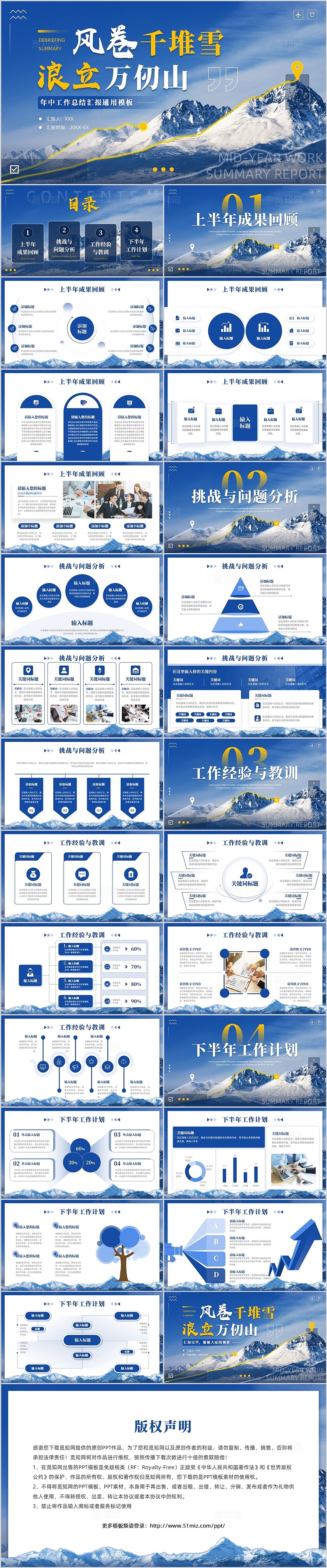 蓝色简约商务励志年中工作总结汇报通用PPT模板年中总结