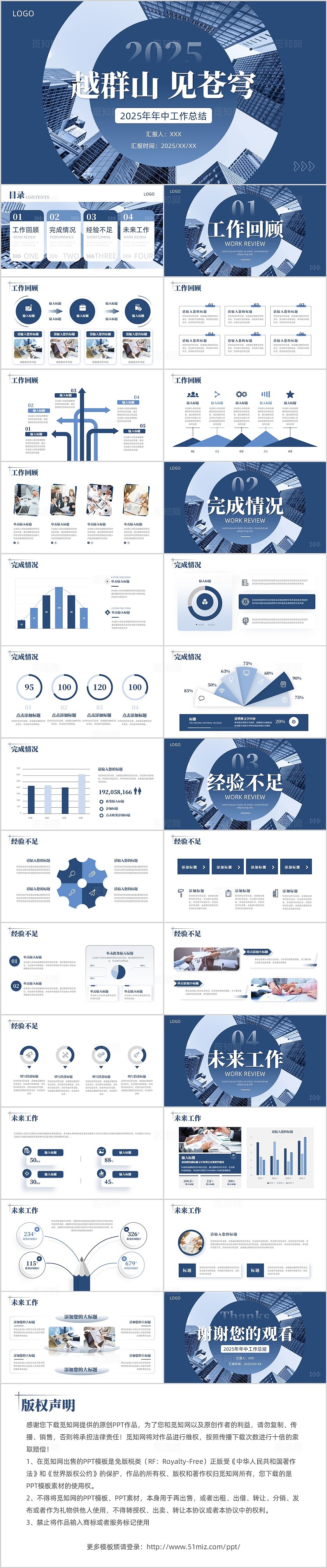 蓝色简约实拍商务风年中工作总结通用PPT模板年中总结