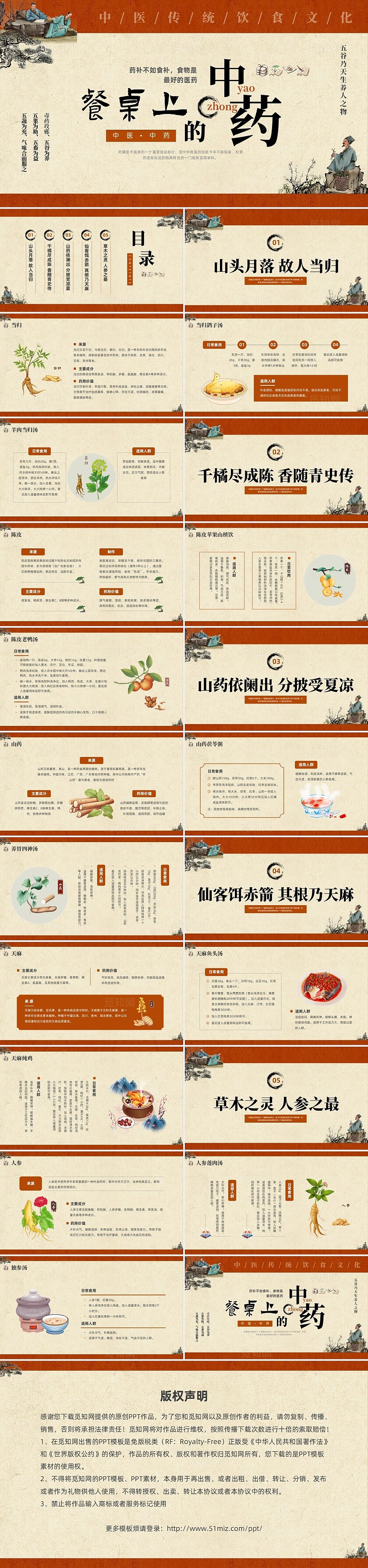 红色中国风餐桌上的中药药膳科普宣传PPT课件中医